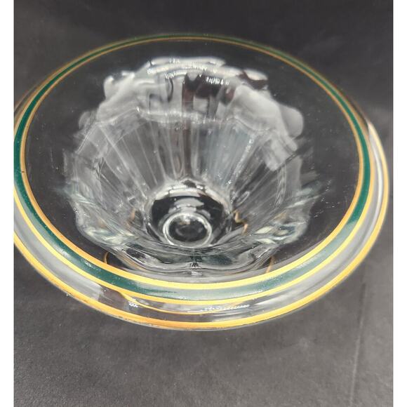 Glass Pedestal Compote Bowl Gold & Green‎ Edge Trim Flowers & Leaves Etched Band - Picture 2 of 8